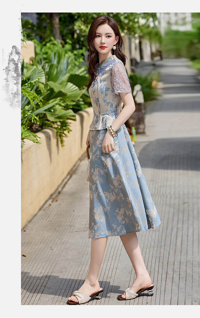 Đầm maxi nữ tân cổ điển cổ đứng đính hạt cườm, phối ren, họa tiết jacquard, thiết kế giả hai lớp LX2625 — xanh lam, Màu hồng chi tiết 16