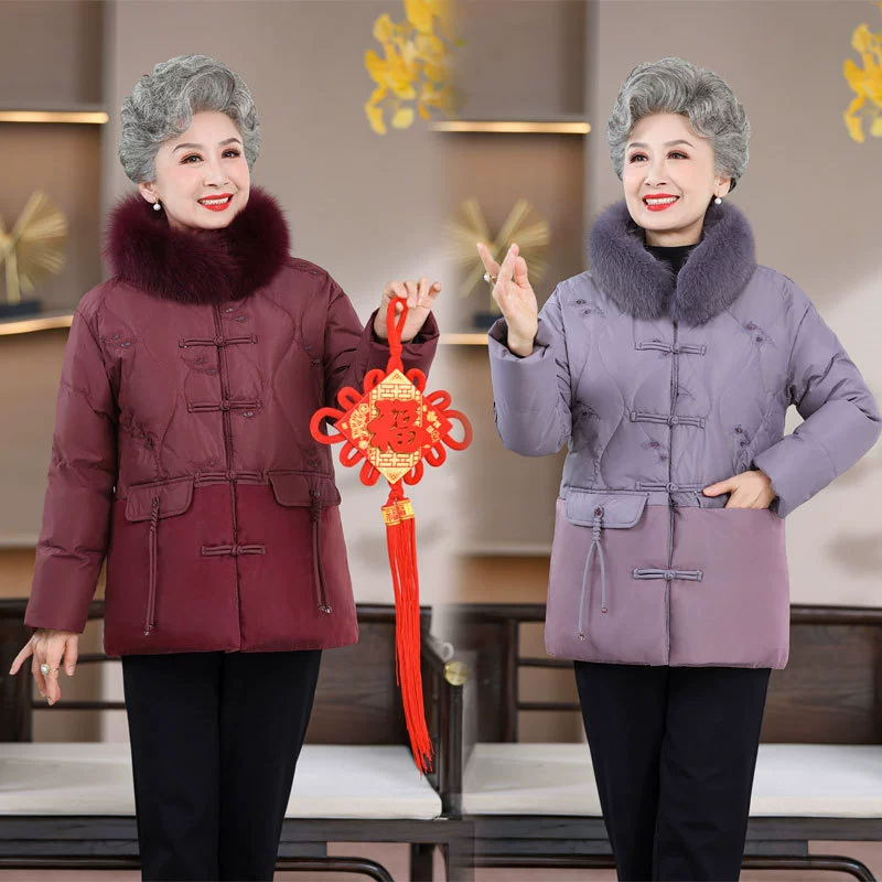 Новое зимнее короткое пальто для бабушек, пуховик для матерей среднего и пожилого возраста с меховым воротником и пряжкой, стильный топ для старых леди