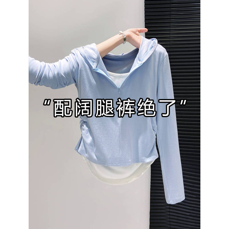 Hooded Half-Zip Long-Sleeved T-Shirt for Women Spring & Fall New Style Waist-Cinching Pleated Inner Layering Shirt Fake Two-Piece Short Top