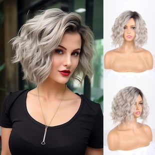 Cross-border new wig European and American ladies partial long curly hair gray gold gradient water ripple chemical fiber headgear wig