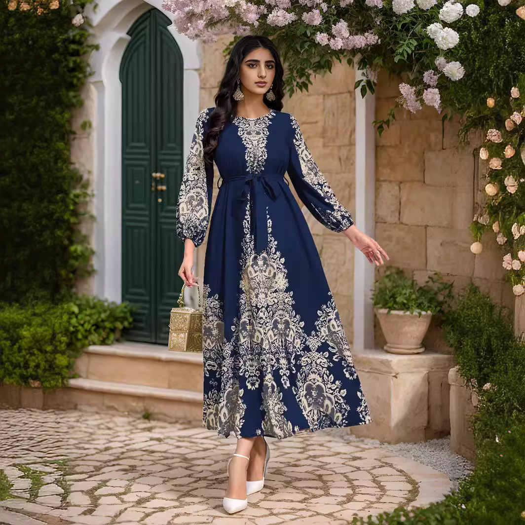 M23 Arabic-style Waist-cinching Printed Dress, Popular Item On Independent E-commerce Sites, Middle Eastern Foreign_ecoleips.com