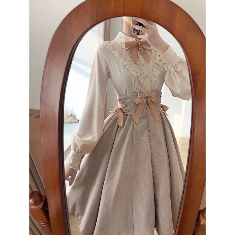 Lolita风甜美减龄衬衫收腰绑带蝴蝶结半身裙气质设计感套装裙女春|undefined
