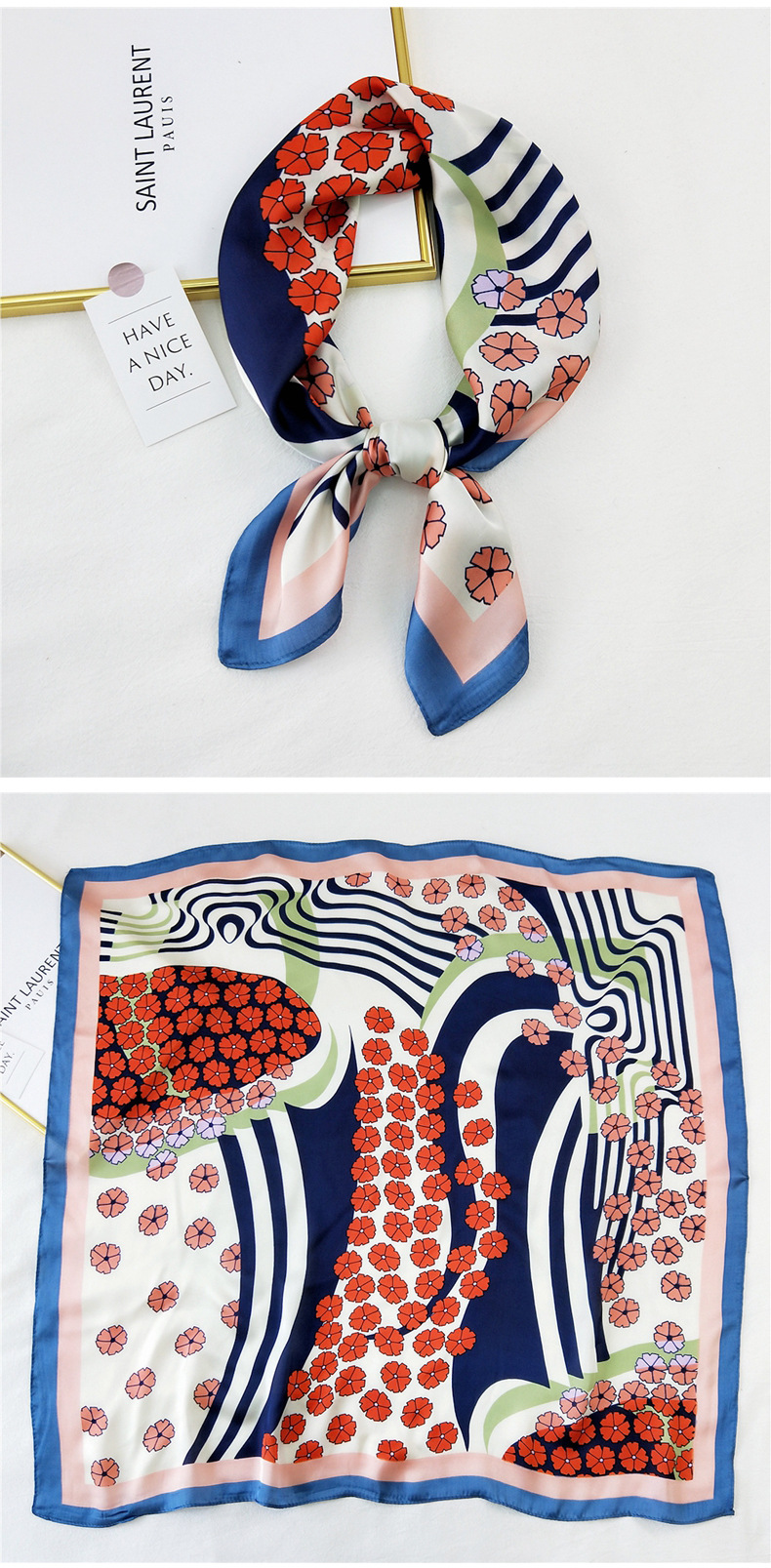 50g Weight Silk Scarf Classification Travel Occasion Silk Material Unisex Gender Printing Design Sweet Style Khaki, Grey, Purple, Red, Green, Blue, Camel, Yellow, Black Color Korean Printing Silk Square Scarf Wholesale 6