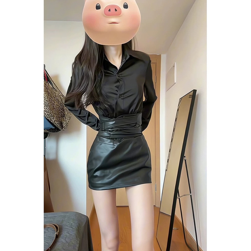 甜辣妹风感纯欲套装气质翻领长袖衬衫女春秋收腰pu皮裙两件套|undefined