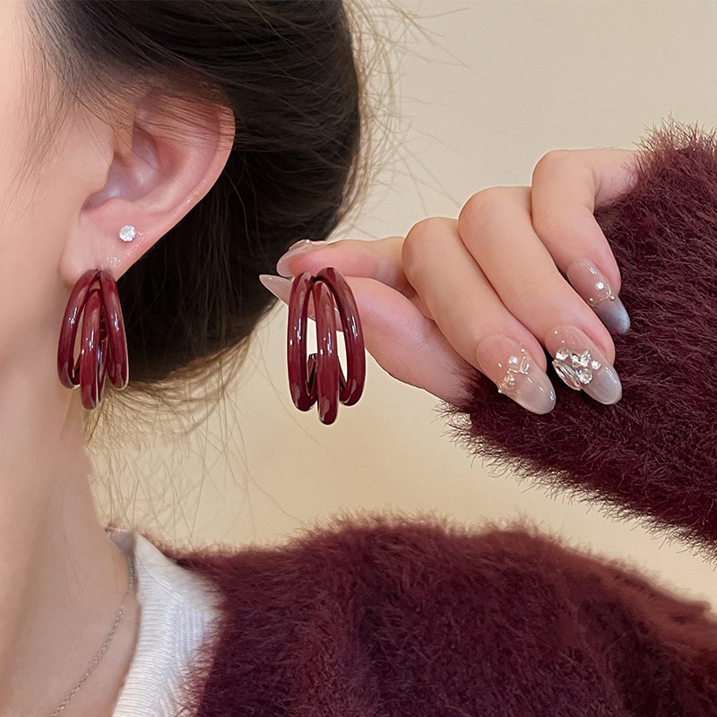 Ankle Red Multi-layer Earrings Women's 2024 New Explosive Unique Earrings High-end Light Luxury Niche Design Earrings