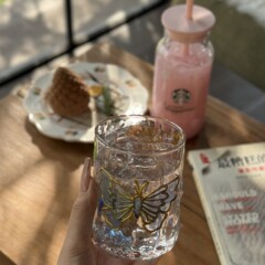 高豪華文創迎春蝶手描きグラスコーヒーカップ高ホウ素シリコン耐熱カップ飲料カップ