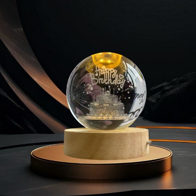 Lámpara de Noche de Cristal con Diseño de Cielo Estrellado 3D, Regalo Navideño, Base Redonda de Madera Luminosa, Lámpara de Mesa, Adorno, Regalo de Navidad