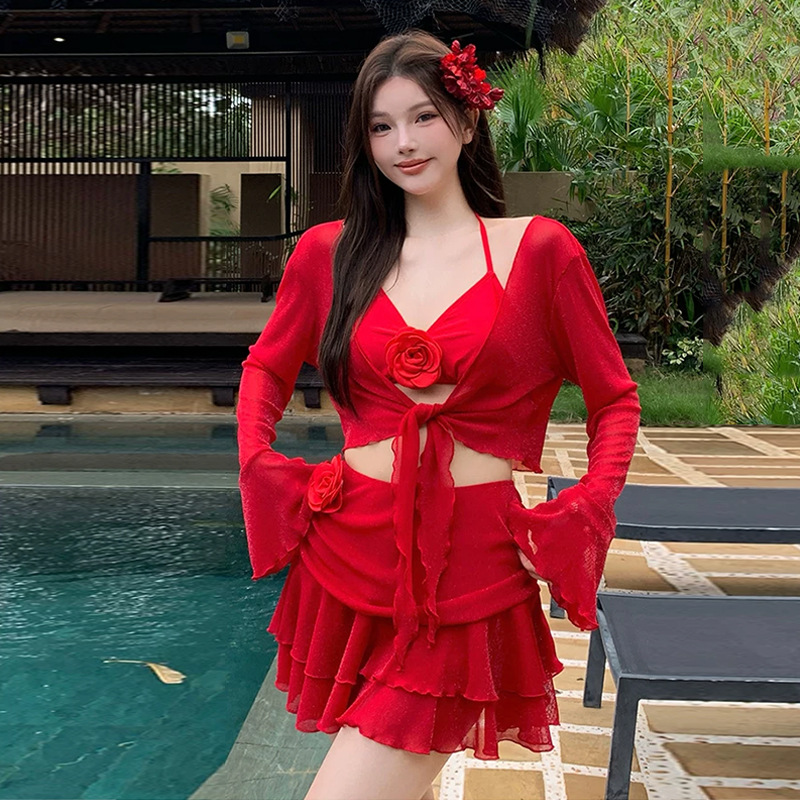 Plus-size Women's Swimsuit In Bright Red, Four-piece Bikini Set With Long Sleeves, Sun Protection, Sexy And Pure Desire_voghion.com