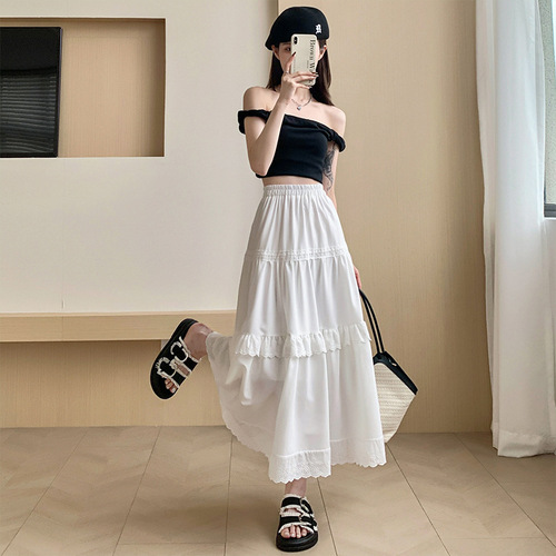 White cake skirt, high-waisted, figure-flattering, versatile midi skirt in a soft, sweet, and romantic Korean-style design with an elastic waist—perfect for an ethereal, fairy-like look.