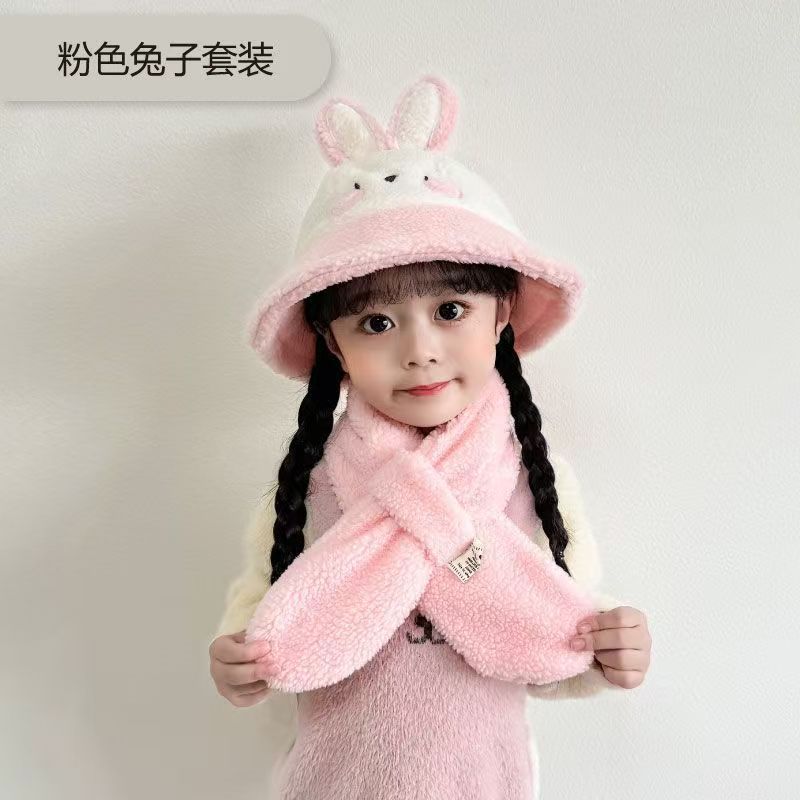 新款宝宝套装帽子冬季女童卡通渔夫帽可爱男孩毛绒帽保暖儿童围巾|undefined