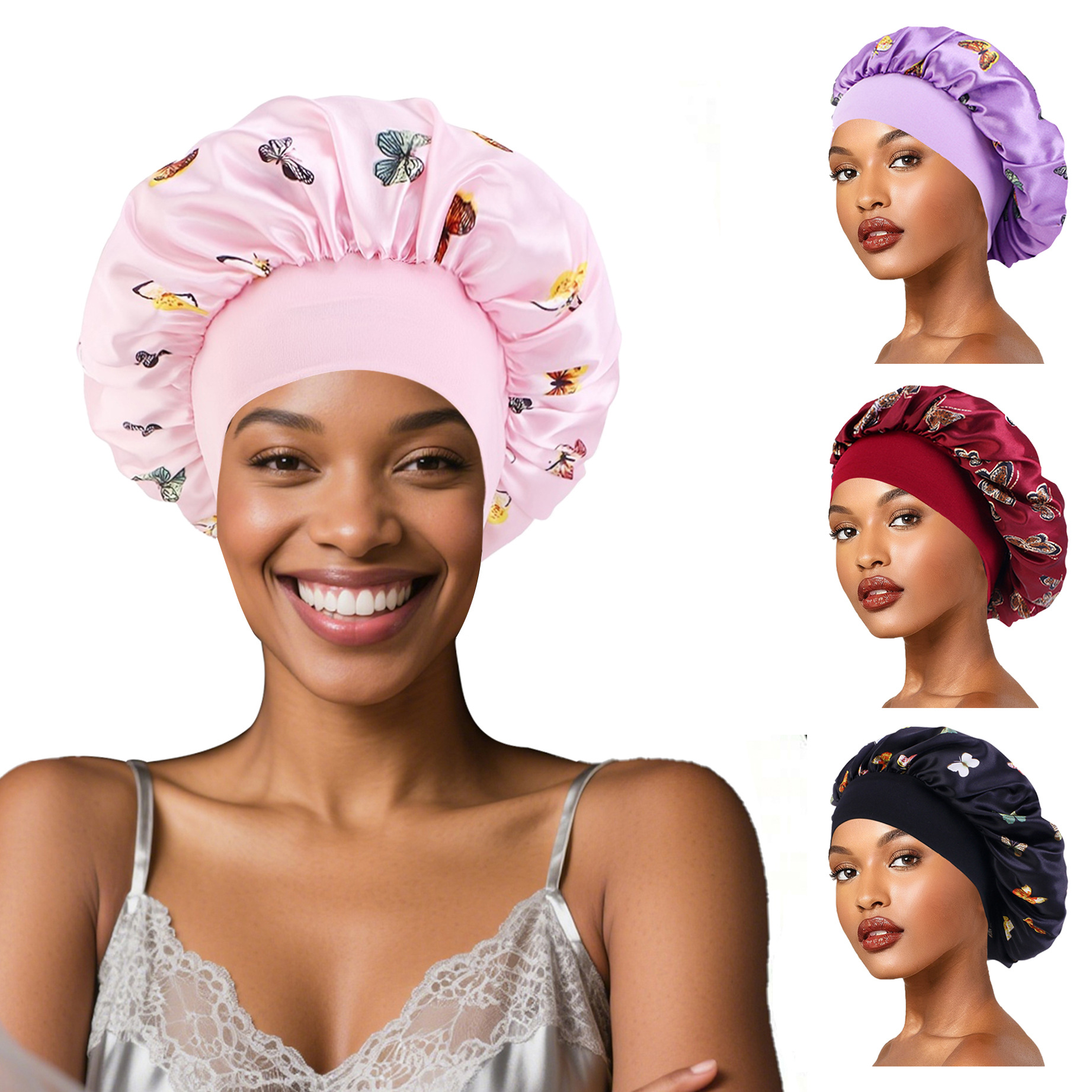 Cross-border new wide-brimmed nightcap printing fashion stretch hair care wash cap satin chemotherapy cap shower cap one piece