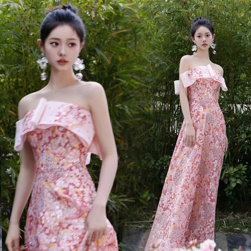 Sweet Pink Bridal Wedding Toast Wear 2025 Summer New Tube Top Sister Party Banquet Performance Dress