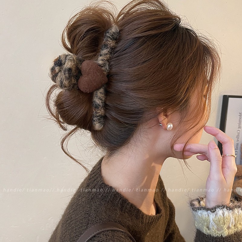 87#Brown flocked heart leopard print teddy plush hair claw clip - approximately 13cm