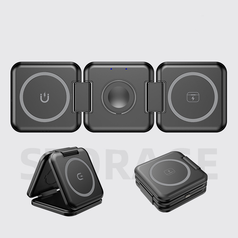 Cargador inalámbrico magnético tres en uno, soporte plegable para teléfono Magsafe, cable de datos, transfronterizo