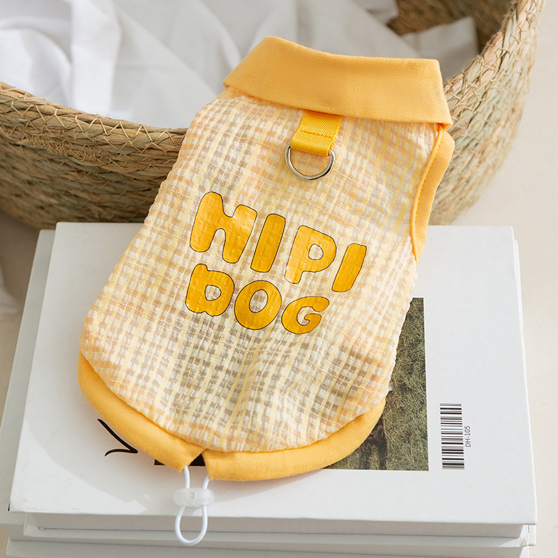 Chaleco para mascotas con solapa a cuadros de jacquard amarillo para perros de primavera y verano, ropa de gato delgada transpirable para perros pequeños y medianos