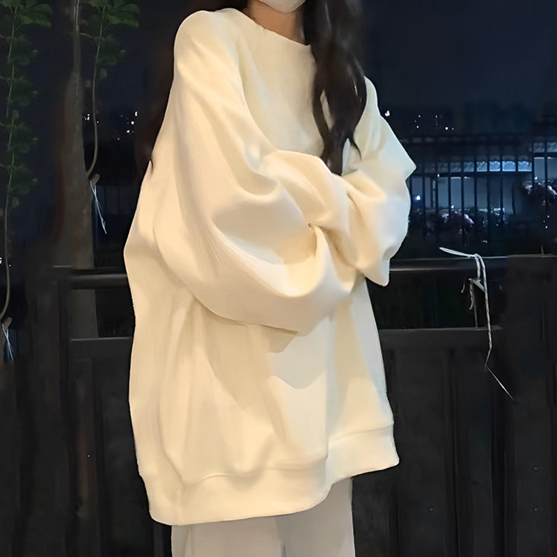 2025新款纯色卫衣女秋季oversize薄款圆领初中高中学生长袖上衣|undefined