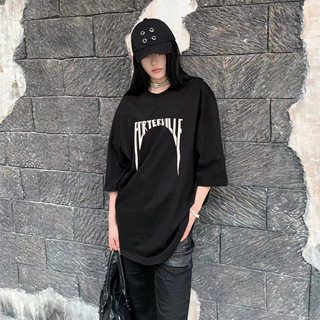 美式暗黑RO潮流字母刺绣美式宽松五分袖T恤男女纯棉大码廓形半袖