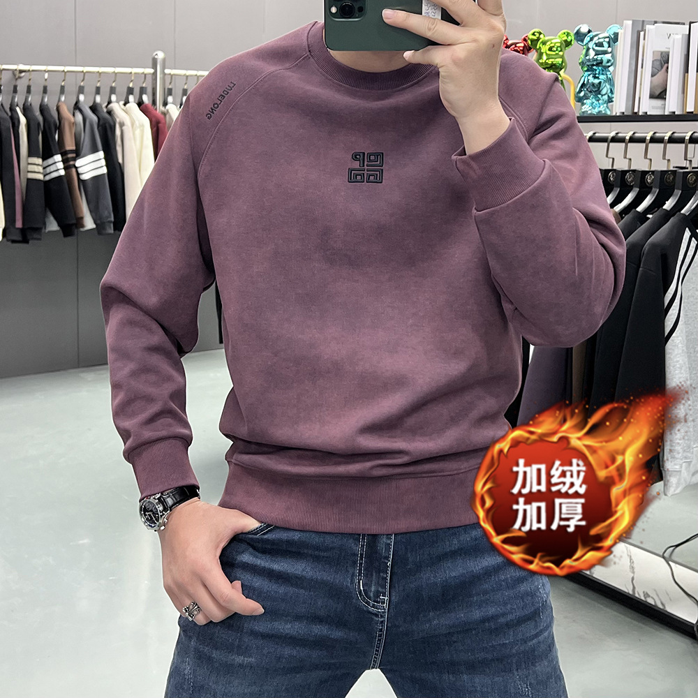 2026 Autumn/Winter Tie-Dye Embroidered Winter Round Neck Fleece-Lined Thickened Warm Sweatshirt Men's Long Sleeve T-Shirt