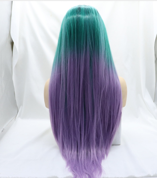 Gradiente verde púrpura cabello recto cabello largo fabricantes al por mayor fibra química de alta temperatura peluca LW0272
