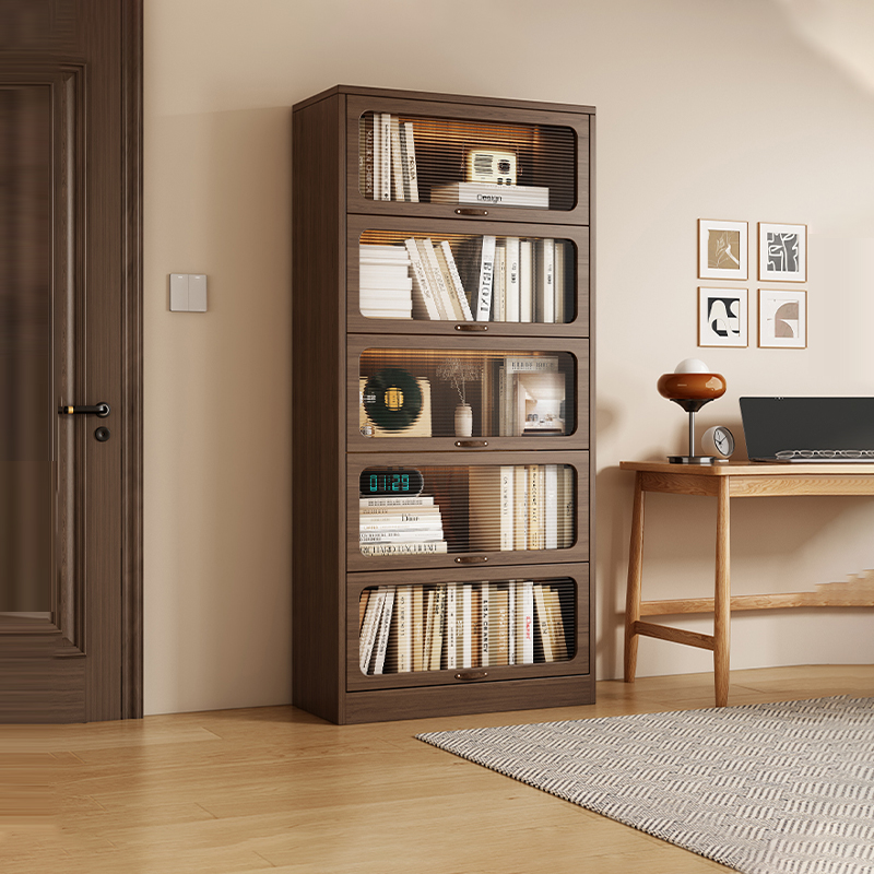 Solid Wood Bookcase Dustproof with Glass Door Bookshelf Storage Rack with Door Floor-Standing Home Living Room American Bookcase Antique Style