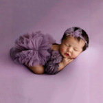 婴儿紫色蕾丝连体衣头带套装新生儿摄影服女婴蓬松网纱裙摄影道具