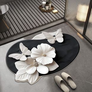 French Butterfly Bathroom Door Absorbent Quick-Drying Diatom Mud Foot Mat Bathroom Stain-Resistant and Wear-Resistant Easy-Care Floor Mat