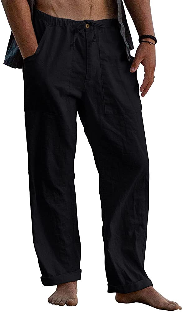 Pantalon en lin pour hommes, Yoga, plage, décontracté, taille élastique, cordon de serrage, poche de ceinture ample, été, 2024_voghion.com