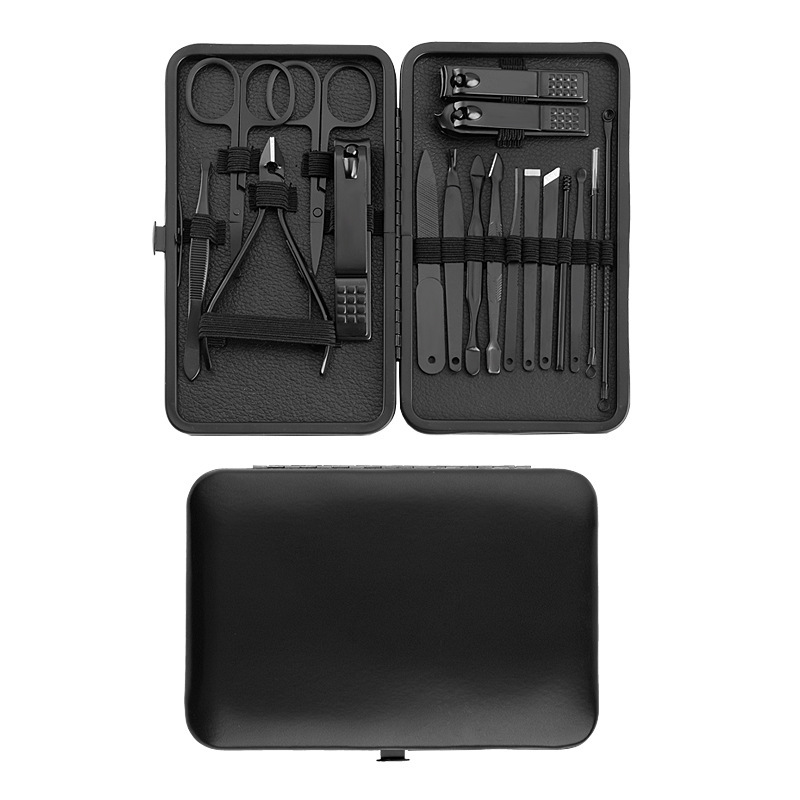 Acero inoxidable negro cortaúñas conjunto completo de 18 piezas cortaúñas traje acné aguja pedicura cuchillo belleza alicates manicura herramientas