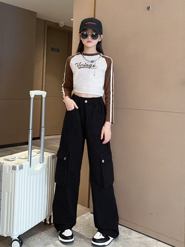 Kids' Han Version Spring and Autumn Style Pants 2025 Middle Kids Trendy Loose Button Work Pants Wide Leg Long Pants Fashion