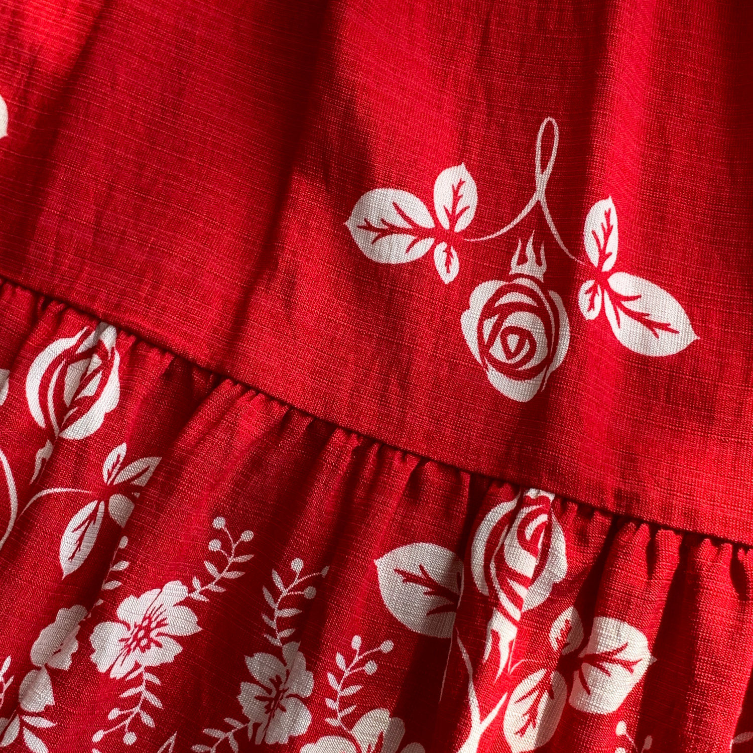 Women's French Retro Red Floral Print Dress Round Neck Three Quarter Sleeve Slimming Waist Full Skirt Ruffles Summer Style_ecoleips.com