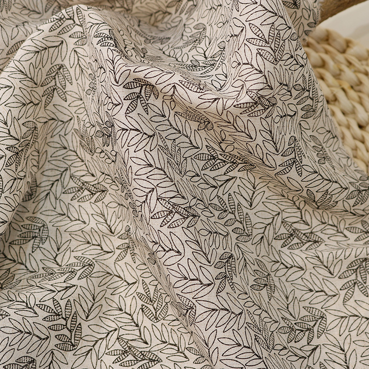 无弹力亚麻粘混纺薄款梭织印花面料 波西米亚小叶子印花麻棉布料