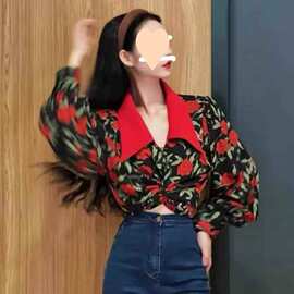 韩版简约时髦高档遮肉百搭慵懒风宽松罗马假日套头碎花衬衫女