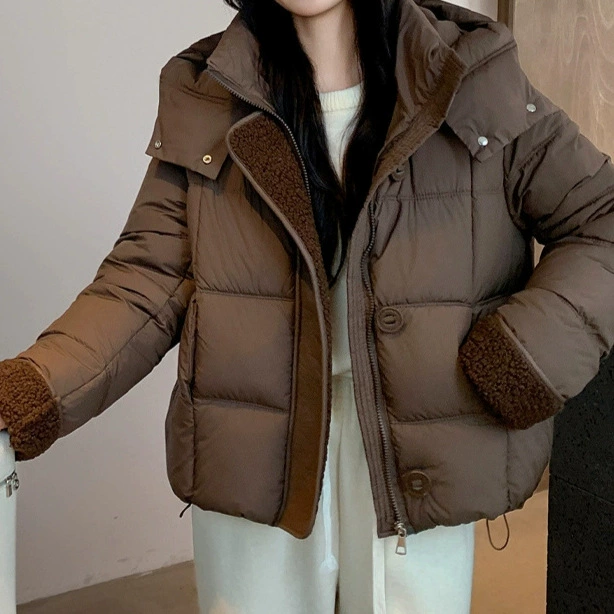 Женская мода дизайн с большой пряжкой и воротником с капюшоном теплая утолщая хлопчатобумажная одежда коричневый черный другой