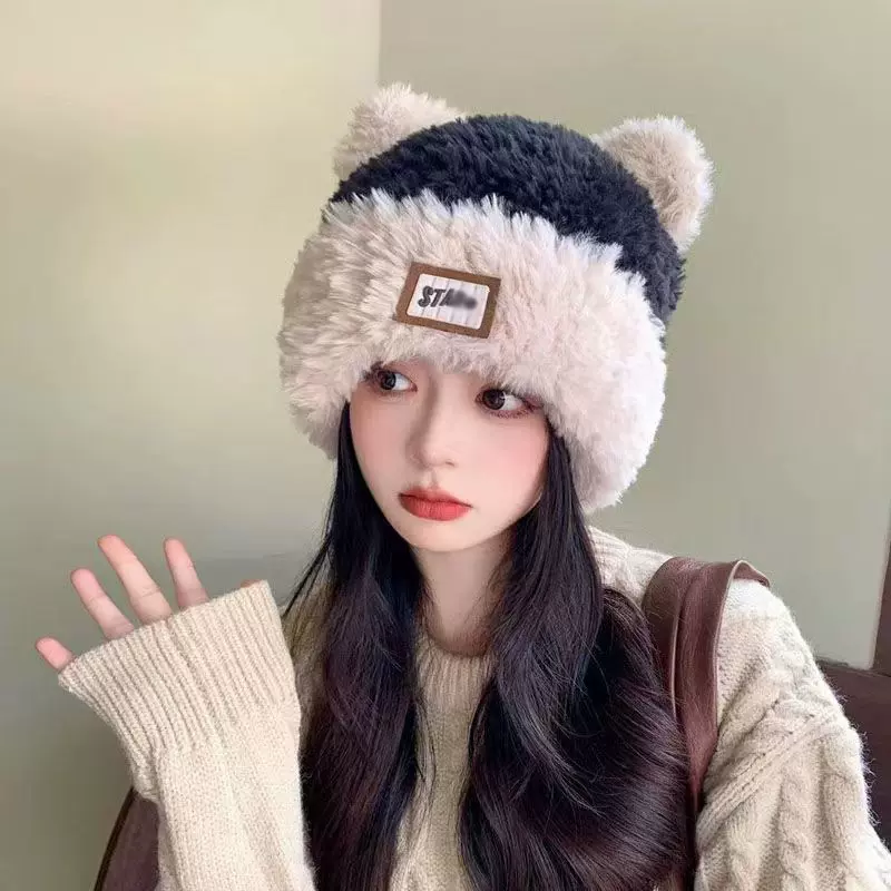 新款冬季毛绒帽女网红百搭帽粉色包头2024显脸小冷帽保暖大头围针