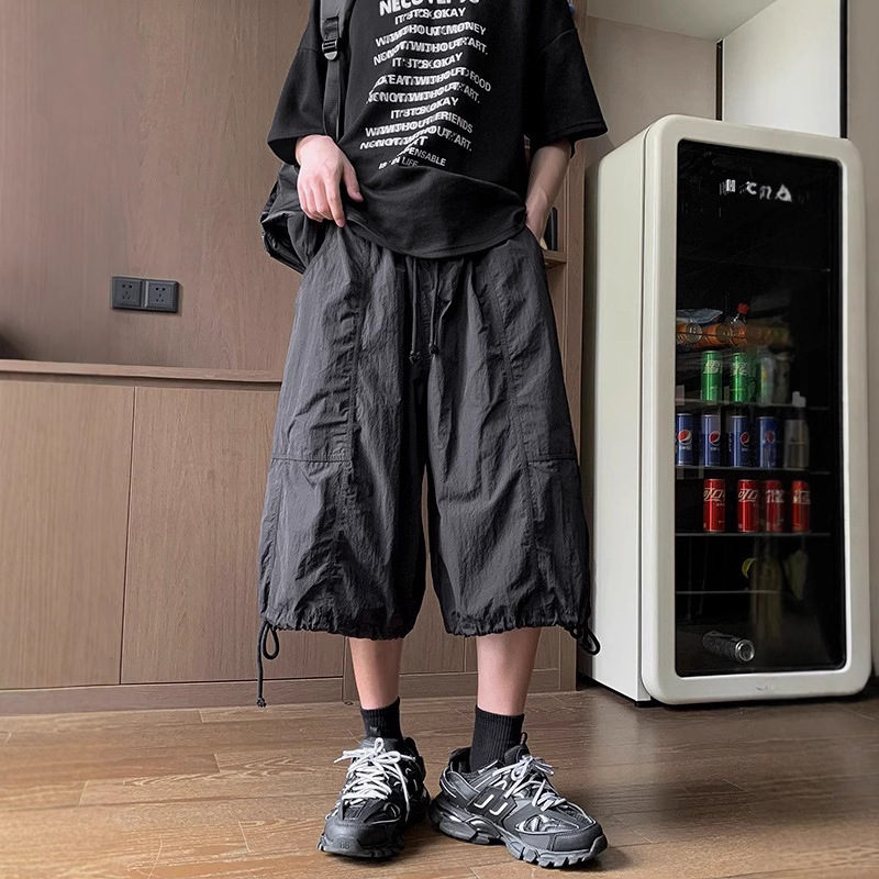 140kg Wearable Yamamoto Style Cropped Pants for Men in Summer Ice Silk Quick-Drying Cargo Pants American Functional Wide-Leg Half Pants