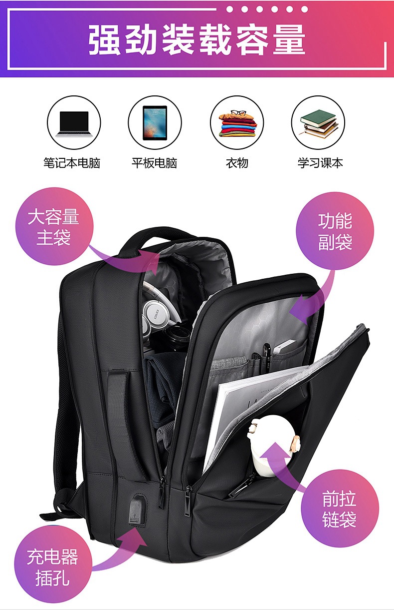 跨境大容量旅行背包男士商务出行户外17.3寸电脑包可扩容双肩包男详情4
