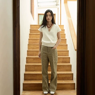 时简ACME 卡其色微喇休闲裤女2026分割设计垂感复古显瘦长裤91936