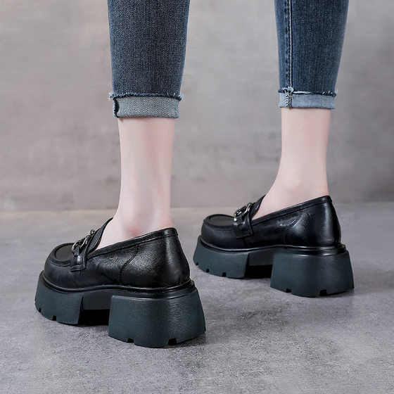 Hand-Scratch Pattern Genuine Leather Platform Loafers Women's Retro British Style Small Leather Top Layer Cowhide Metal Buckle Single-Layer Shoes Women's Shoes