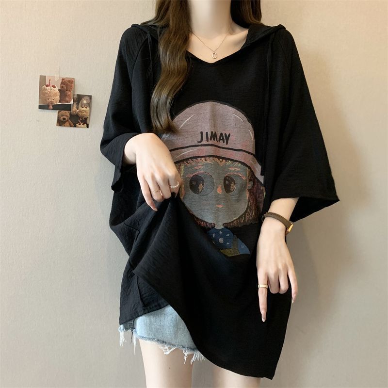 Camiseta de manga corta con capucha y estampado de dibujos animados para mujer de talla grande verano 2024 nuevo estilo suelto delgado mm top mujer