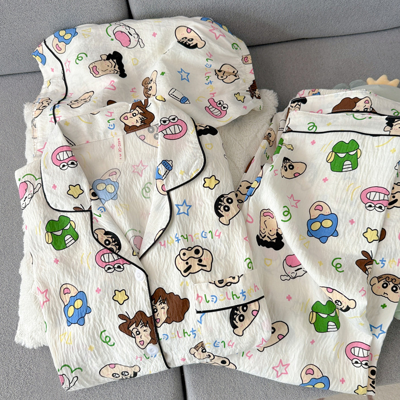 Japanese-Style Dynamic Superman Plus-Size Women's Summer Short-Sleeve Cloud-Pattern Pure Cotton Gauze Cute Crayon Shin-Chan Three-Piece Pajama Set Japanese-Style Dynamic Superman Plus-Size Women's Summer Short-Sleeve Cloud-Pattern Pure Cotton Gauze Cute Crayon Shin-Chan Three-Piece Pajama Set