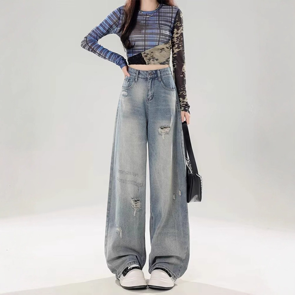 American Retro Ripped Jeans for Women 2025 Spring New Petite Straight Floor-Length Loose Wide-Leg Pants
