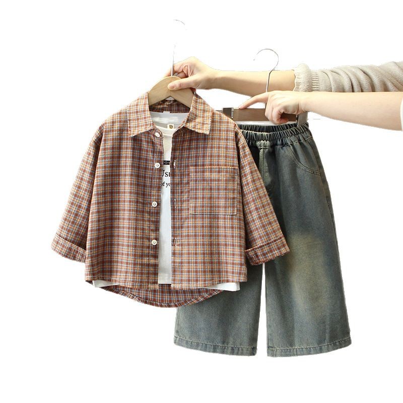 7680 ropa para niños primavera y otoño traje de camisa coreana 2025 nuevo traje de tres piezas de moda para niños de primavera para bebés