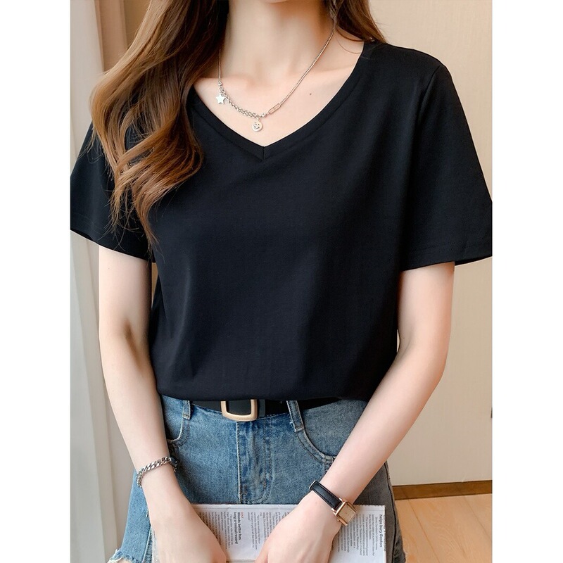 Black V-Neck T-Shirt for Women, Short-Sleeved, Loose-Fitting, Summer Pure Cotton Base Shirt, Regular Shoulder, Thin Top, Half-Sleeve Tee, Short Style Black V-Neck T-Shirt for Women, Short-Sleeved, Loose-Fitting, Summer Pure Cotton Base Shirt, Regular Shoulder, Thin Top, Half-Sleeve Tee, Short Style