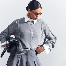 欧美跨境亚马逊镂空套头毛衣女2025早秋新款宽松圆领慵懒风针织衫