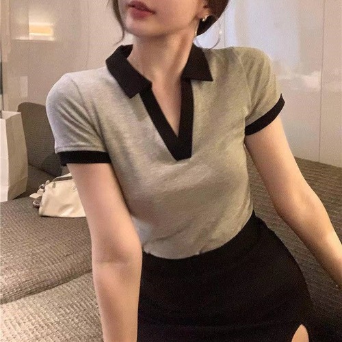 Summer Short Sleeve Collared T-Shirt for Women, Colorblocked Versatile Top, Unisex T-Shirt for Trendy Girls