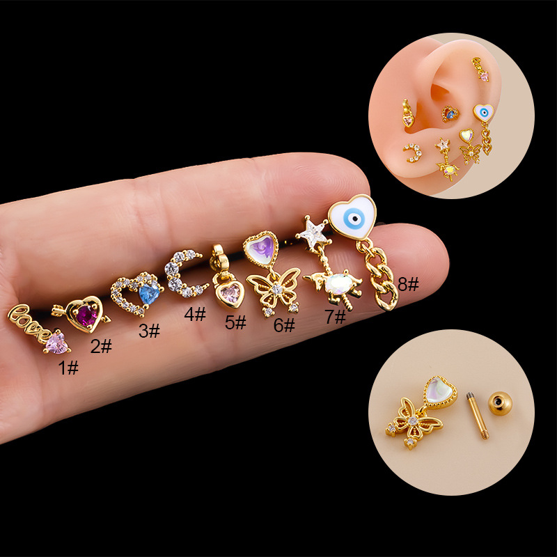 Pendentif lune amour papillon, 2 pièces, os en Zircon, acier inoxydable, vis à Double tête, tige épaisse, perforation du Cartilage_voghion.com