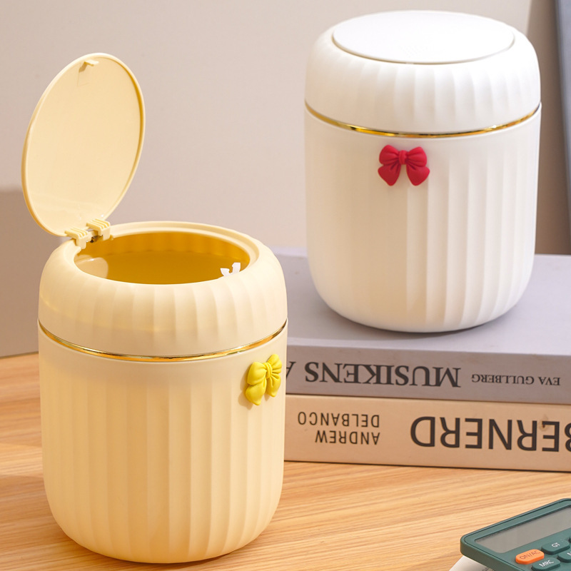 Light luxury press-type desktop trash can, creative small trash bin for coffee table, office, living room, study, with lid and cute bow design