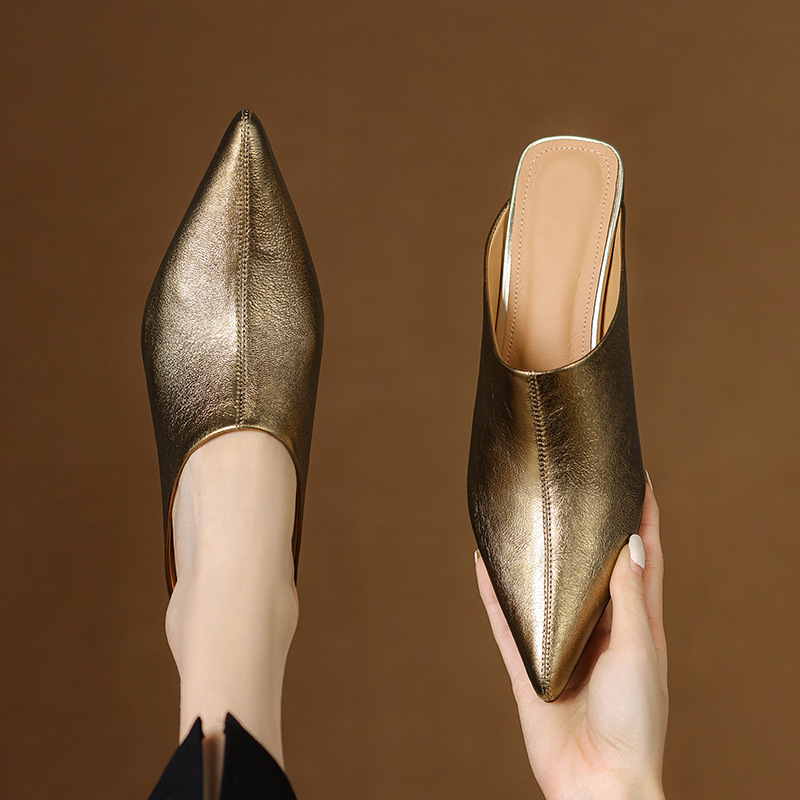 Dép mule nữ da cừu mũi nhọn cao gót 5 cm – sandal hè dáng suông — đen, vàng