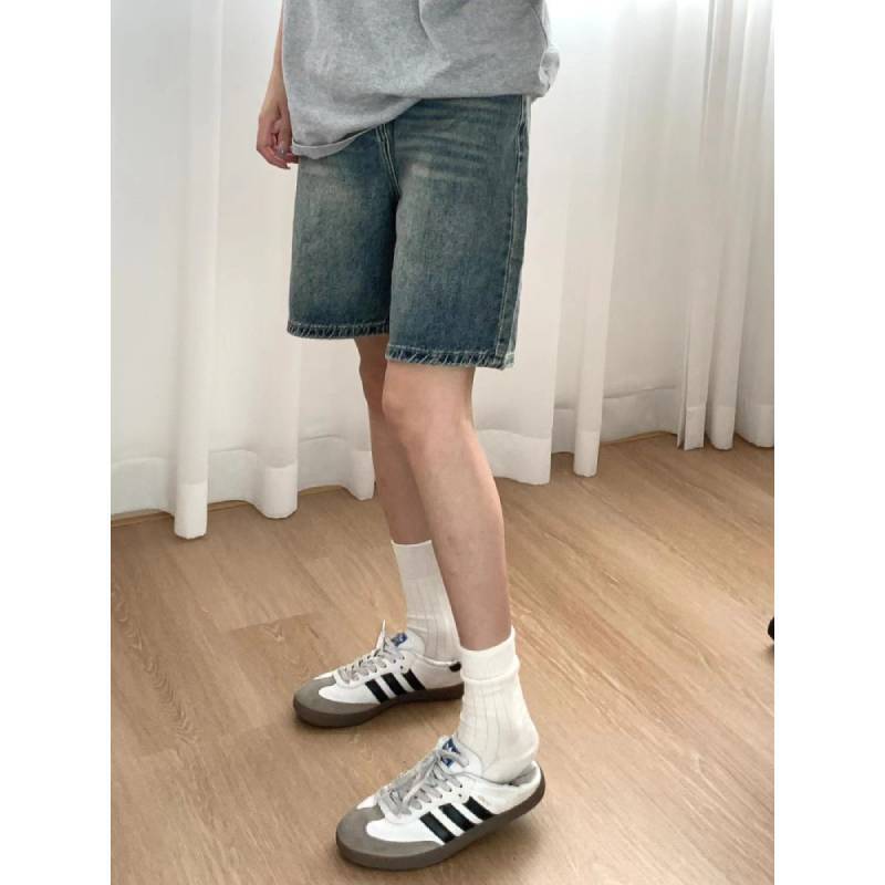 Pear-Shaped Figure American Retro Denim Shorts for Women, Summer Thin Large Size High-Waisted Hip-Covering Straight Wide-Leg Mid-Length Shorts
