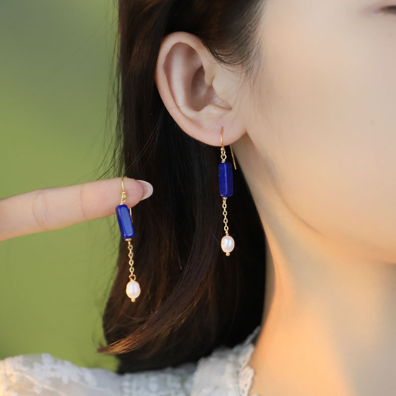 XlentAg diseño original lapis lazuli natural agua dulce pendientes de perlas temperamento pendientes retro de alta sensación pendientes